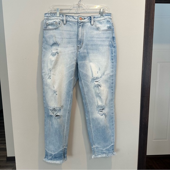 KanCan Denim - KanCan Mom Fit Ultra High Rise Distressed Light Blue Frayed Hem Ankle Jean